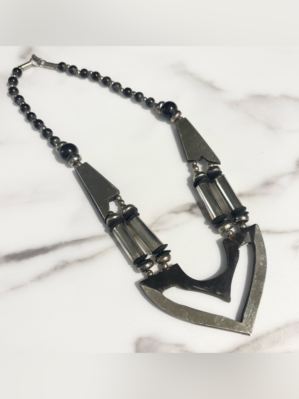 Bold Modernist Chunky Black Resin Statement Necklace With Silver Tone Accents